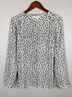 Ann Taylor Loft Long Sleeve Button Front Shirt Cream Leopard Print Women's XL